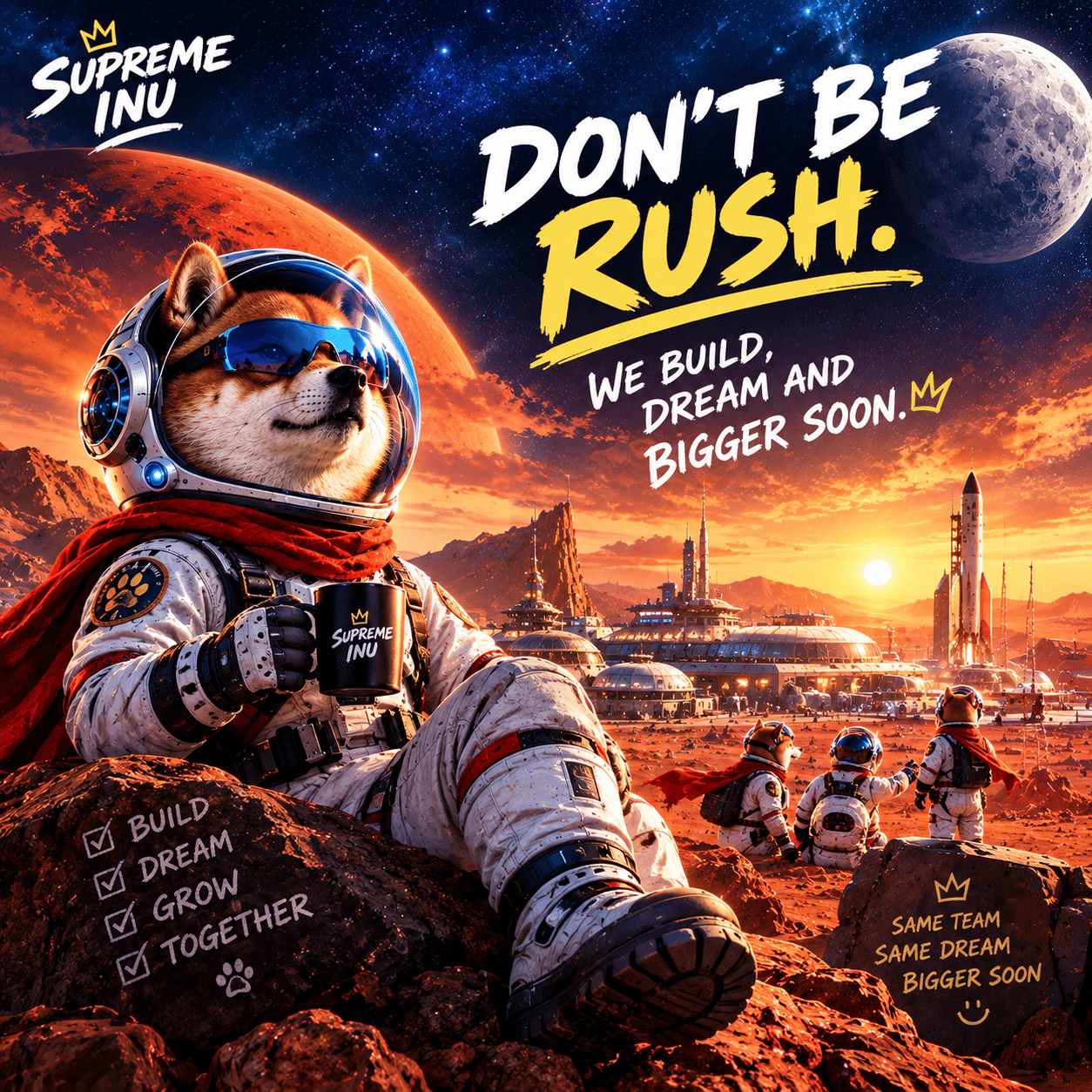 Don't Rush, Dream Bigger: Coffee break on the red planet. Build, dream, grow together.