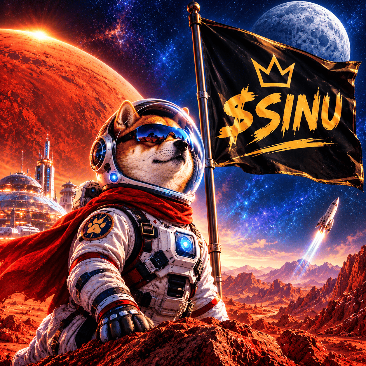 $SINU Mars Astronaut Flag: Flag planted on the red planet, colony domes behind, the Moon on the horizon.