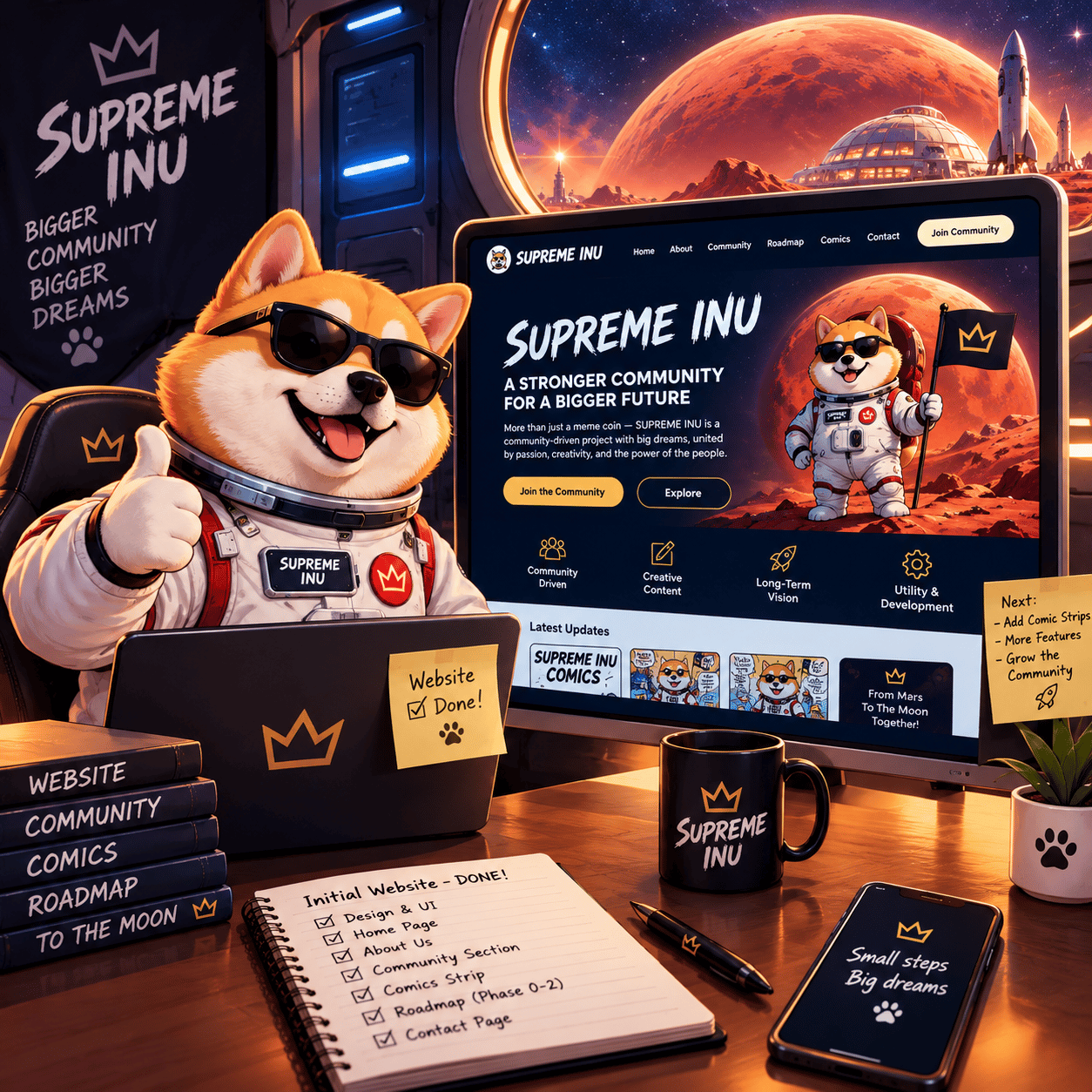 Website Launch HQ: Initial website: done. Next on the sticky note: comic strips, more features, a bigger community.